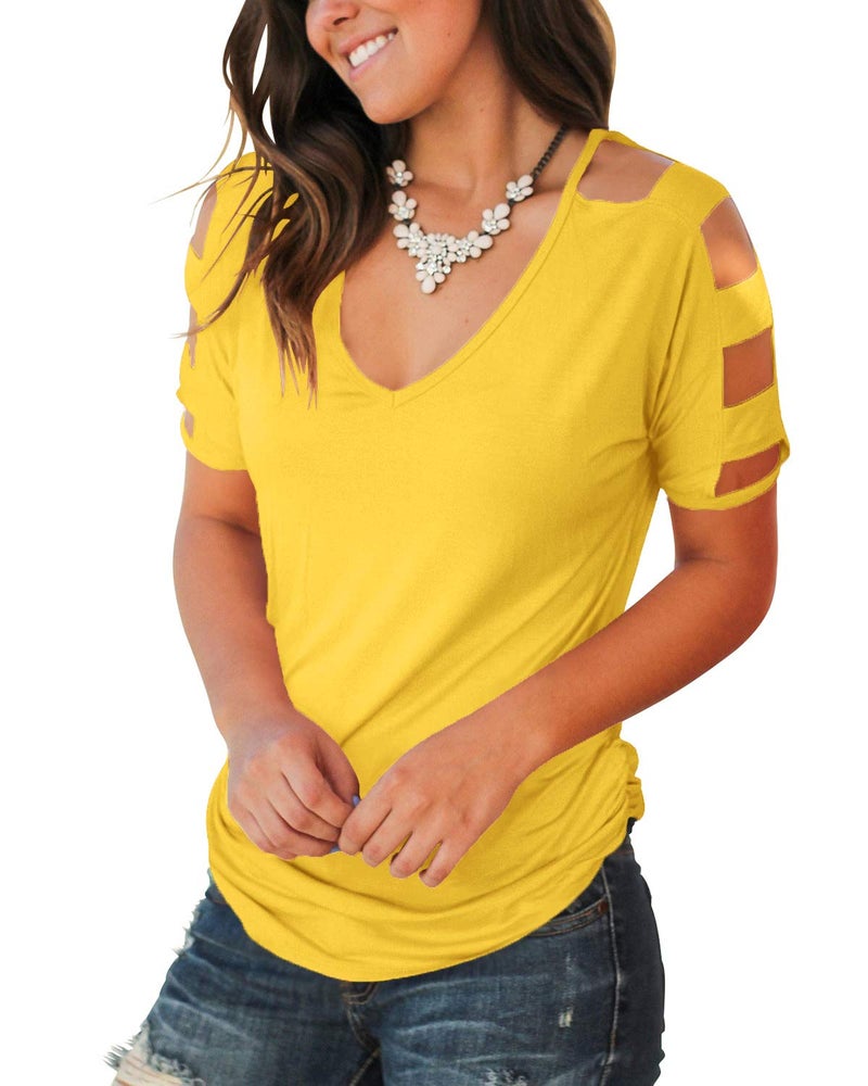 Jescakoo Summer Cut Out Shoulder T Shirts for Women Short Sleeve Blouses Yellow M - Image 3
